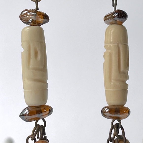 Vintage Robert Rose Long Dangle Clip Earrings Tribal Aventurine Jasper Bone Boho - Picture 6 of 9
